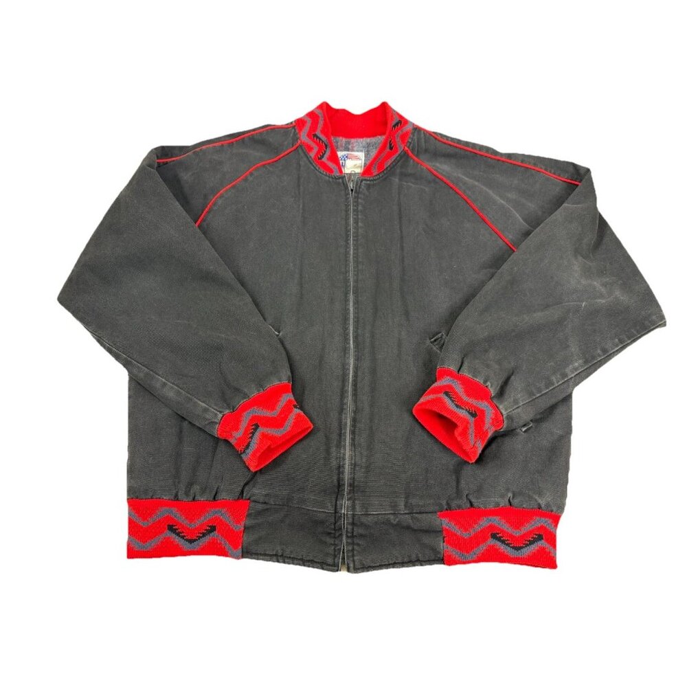 Miller Outerwear Large Black Red Canvas Aztec Zip Up Jacket Blanket Lined GUC